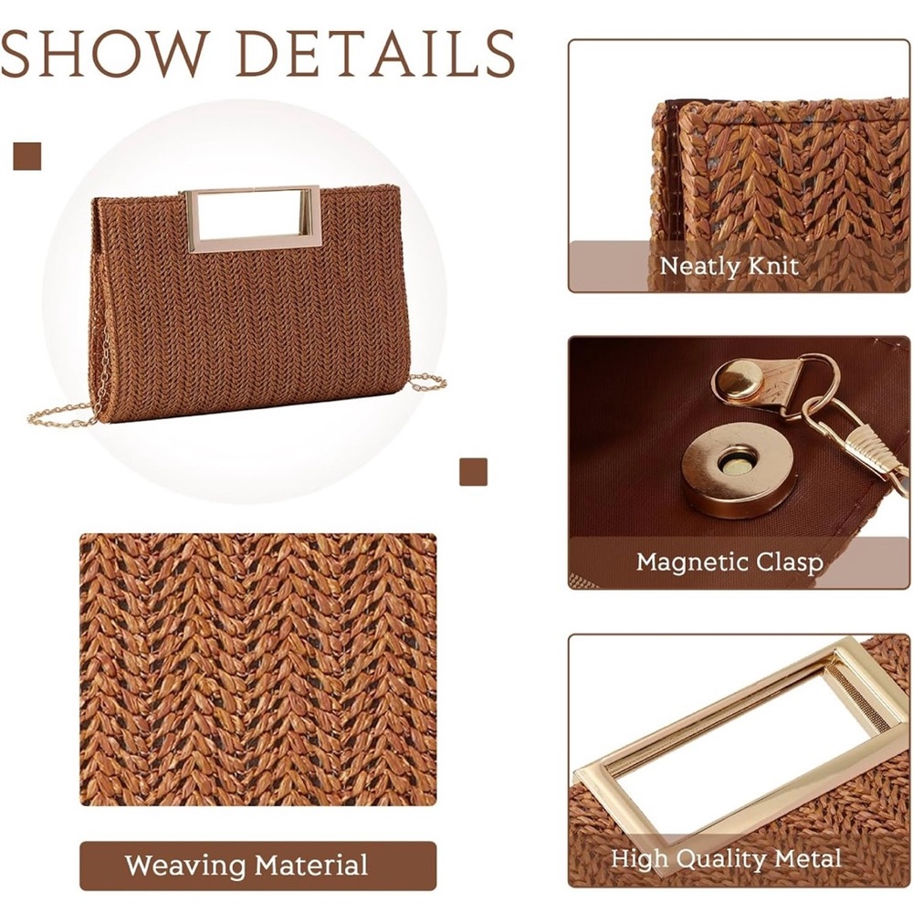 🆕 Elegant Top Handle Straw Clutch / Straw Evening Bag Woven Raffia Crossbody - Picture 5 of 6